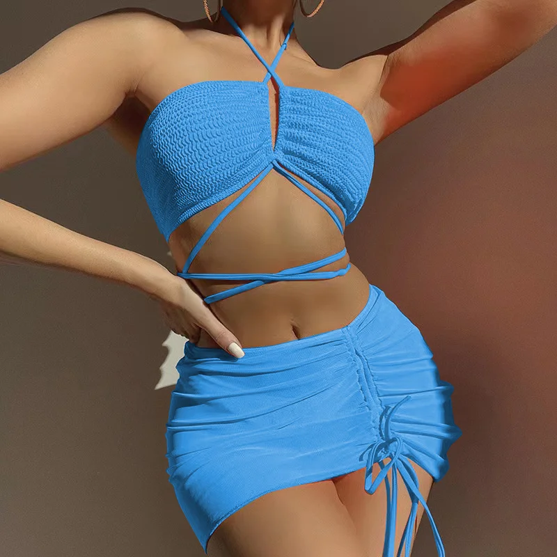 Uveng 2023 New Folding Cloth Drawstring Strap Mesh Three-Piece Swimsuit Bikini
