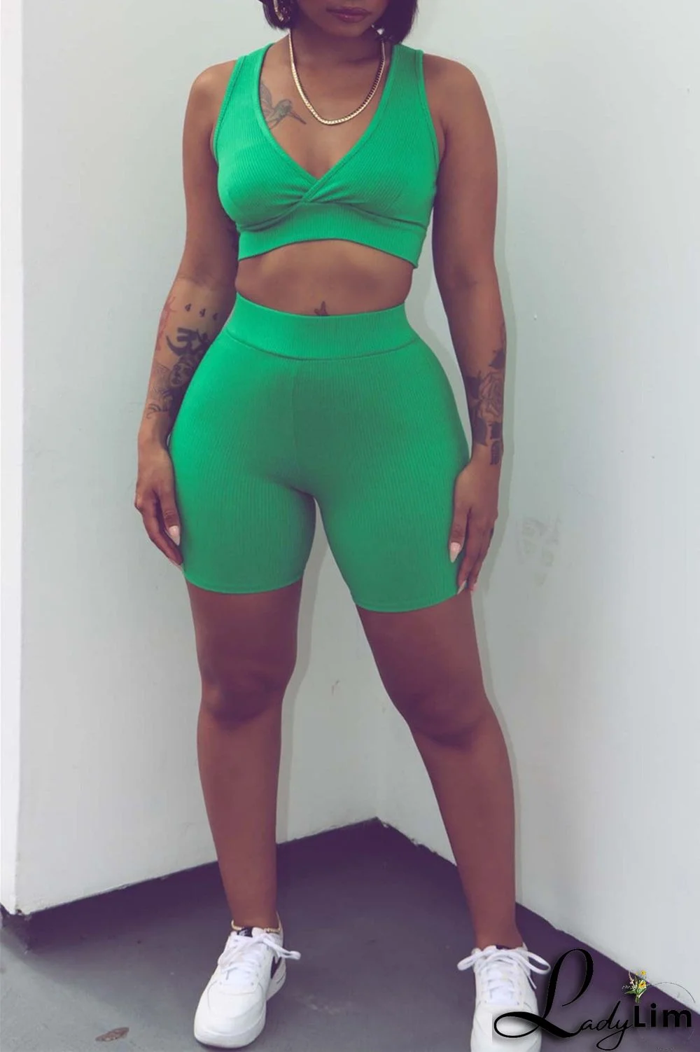 Blue Fashion Casual Sportswear Solid Patchwork V Neck Sleeveless Two Pieces