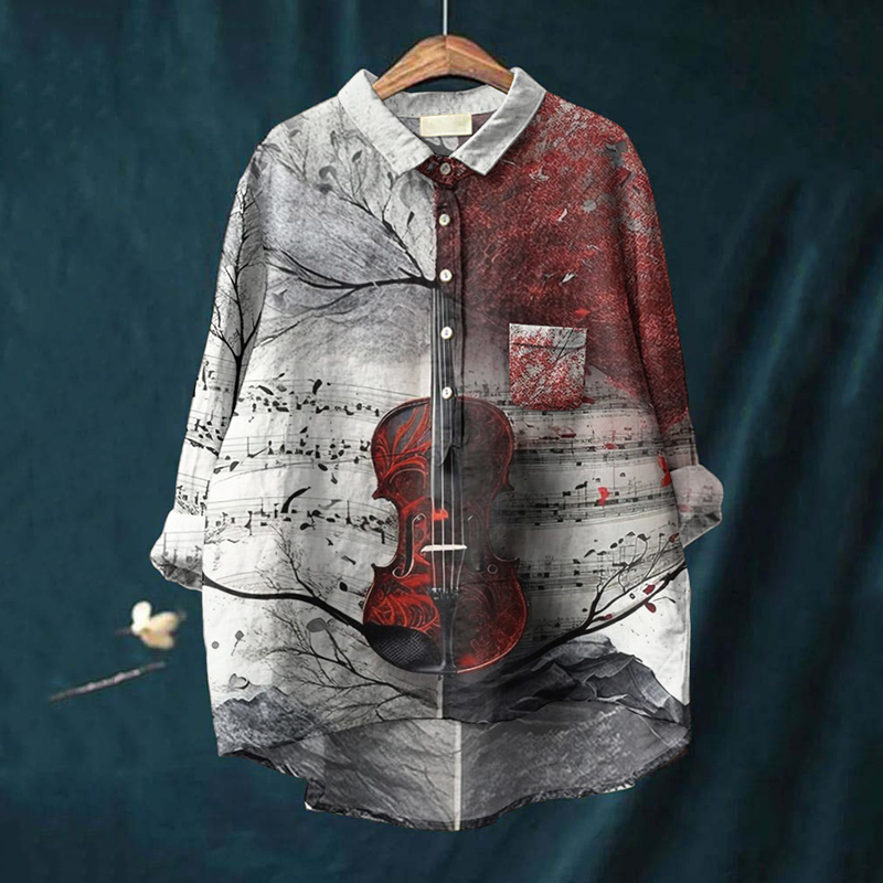 Comstylish Casual Contrasting Music Score Guitar Print Cotton Linen Shirt