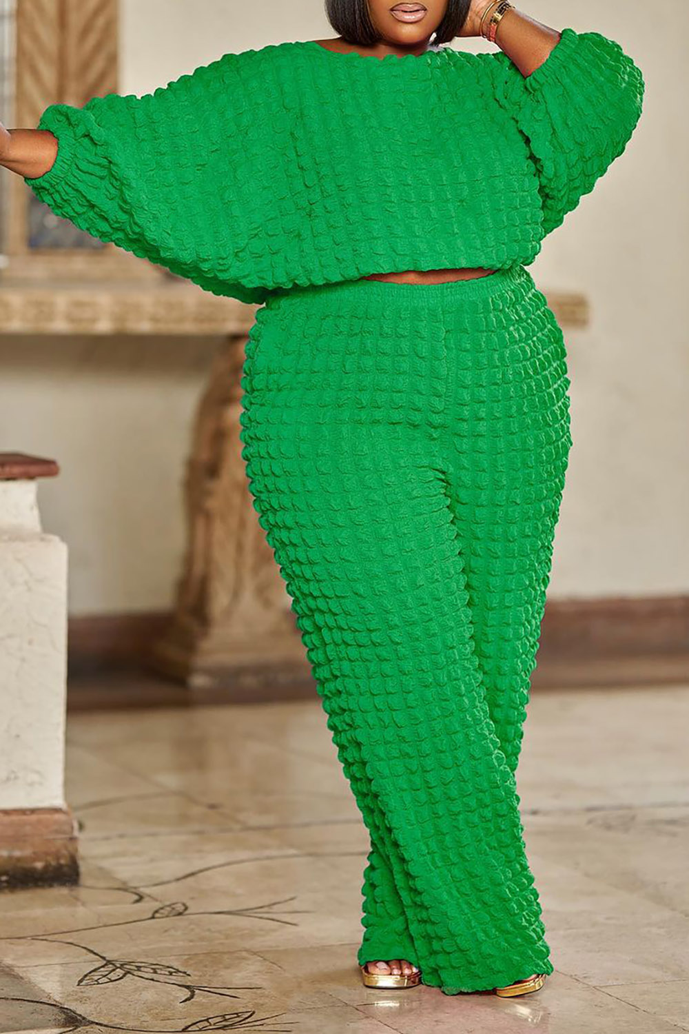 Plus Size Casual Green Fall Winter Crew Neck Batwing Sleeve Long Sleeve Knitted Two Piece Pant Sets