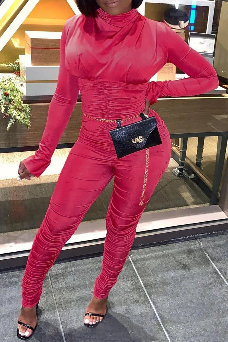 Sexy Solid Split Joint Fold Turtleneck Regular Jumpsuits