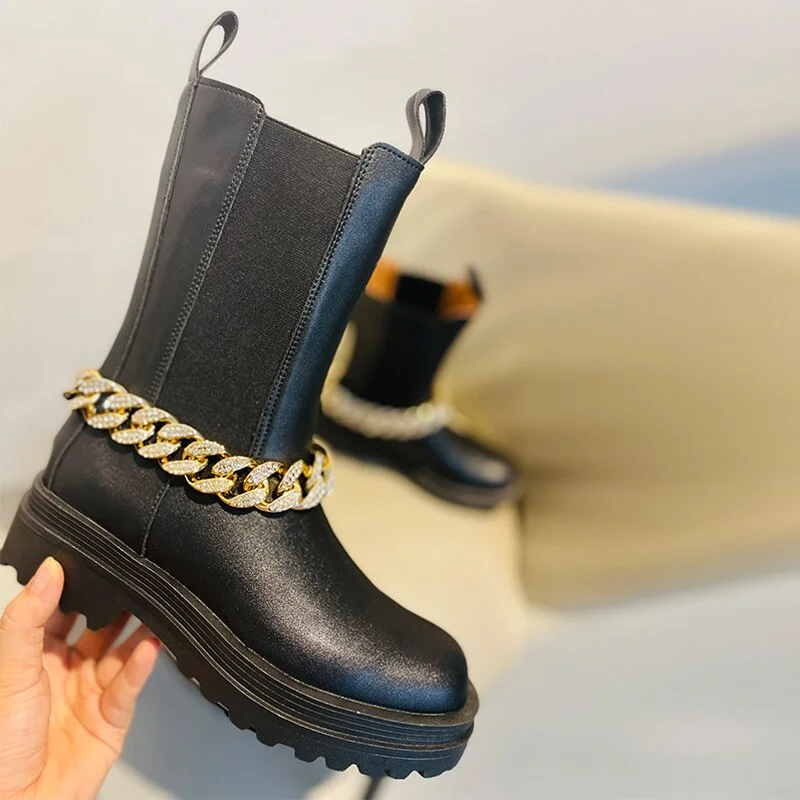 Women's Short Boots Black Removable Metal Chain Fashion Woman Ankle Boot Shoes Leather Platform Luxury Chelsea Boot Winter 2021