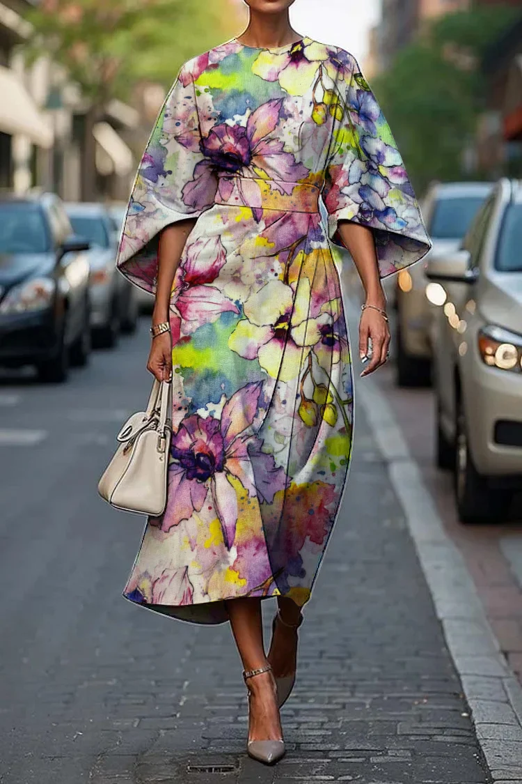 Women's Elegant Vintage Floral Print Midi Dress
