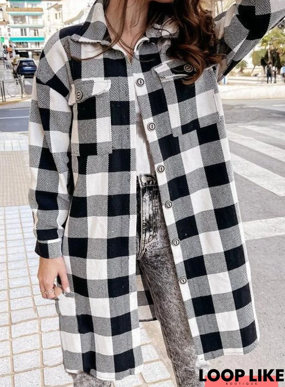 Casual Loose Plaid Lapel Long Sleeve Outerwear