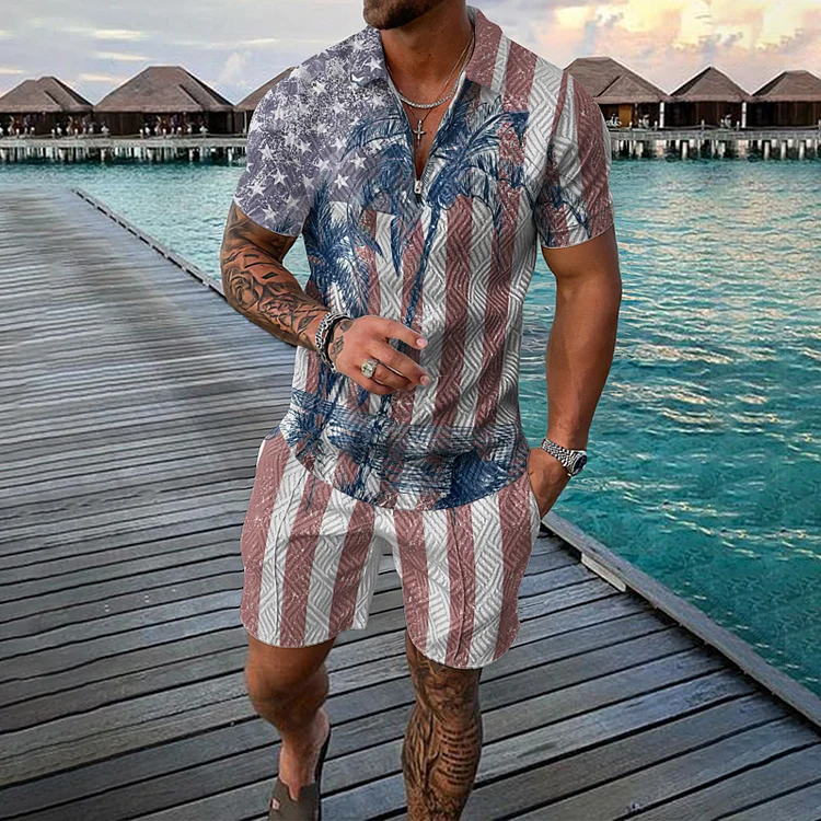 BrosWear American Flag Coconut Tree Chest Pocket Short Sleeve Polo Shirt And Shorts Co-Ord