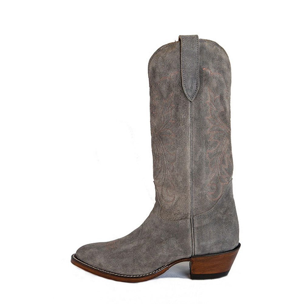 Grey Vegan Suede Round Toe Embroidered Western Mid-Calf Cowgirl Boots