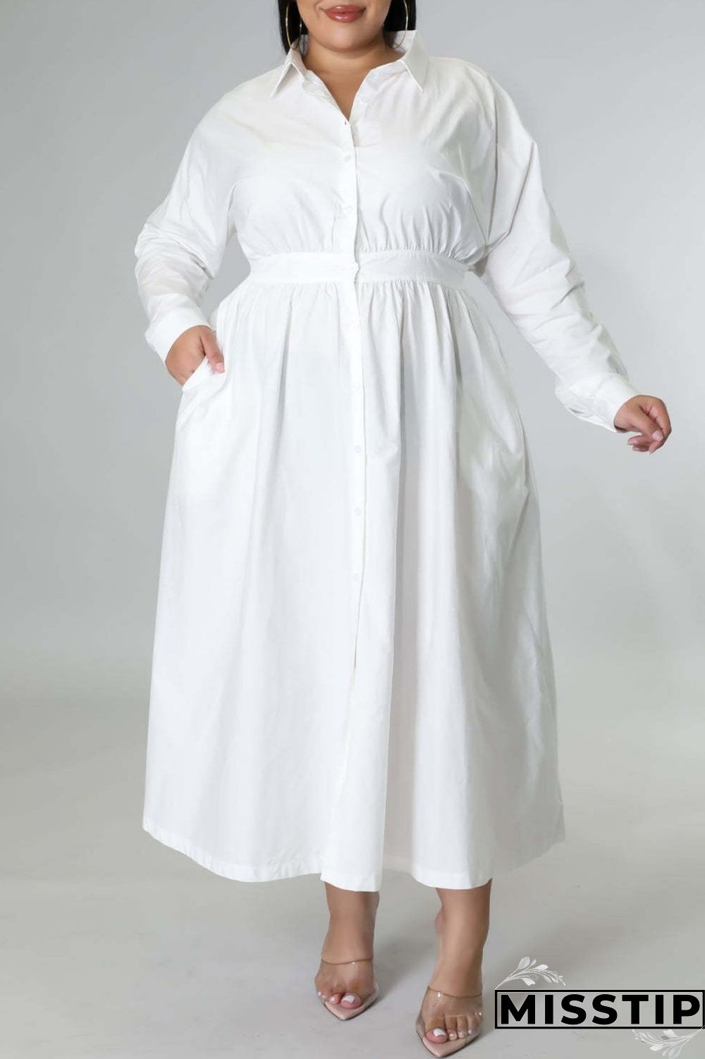 Blue Casual Solid Patchwork Turndown Collar Shirt Dress Plus Size Dresses