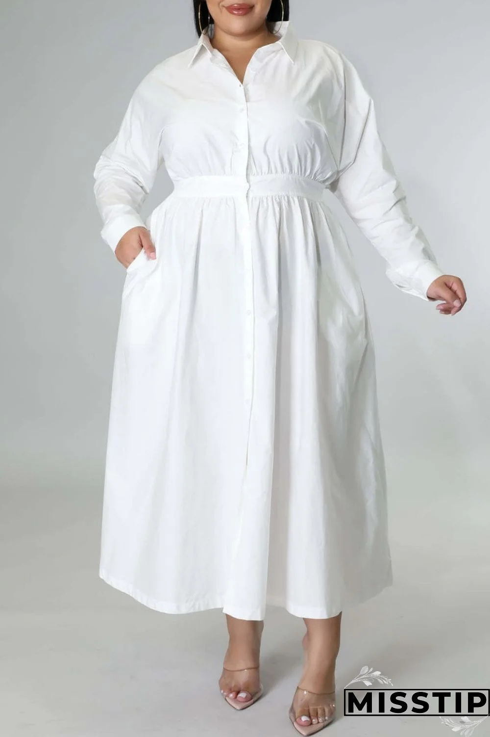 Blue Casual Solid Patchwork Turndown Collar Shirt Dress Plus Size Dresses