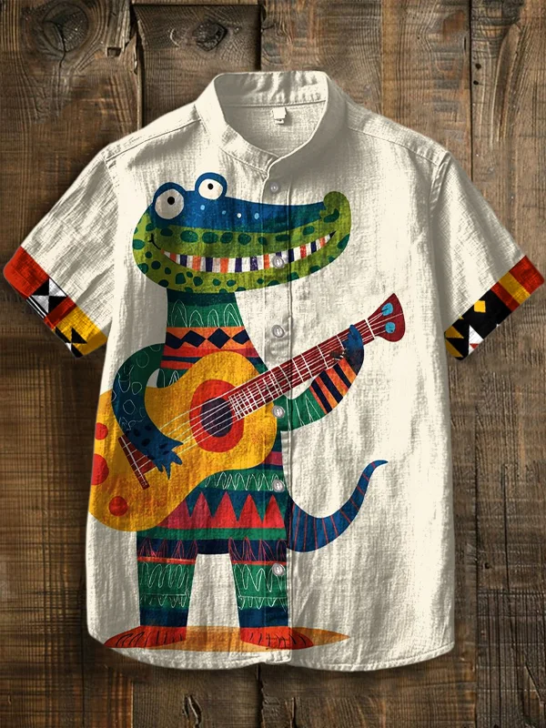 Men's Crocodile Playing Guitar Cartoon Art Print Shirt