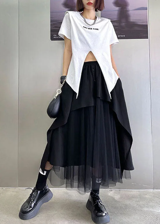 5.5Streetwear Black elastic waist button Asymmetrical tulle Patchwork Skirts Spring