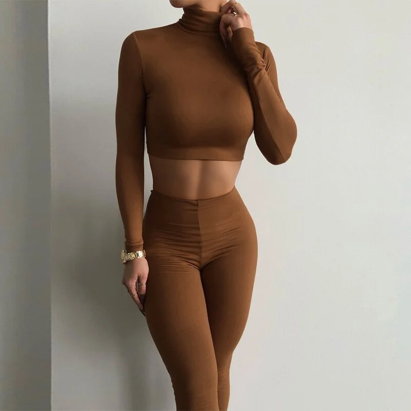 Hugcitar Satin Turtle Neck Crop Top High Waist Slim Leggings 2 Pcs Matching Sets 2021 Fall Women Fashion Streetwear Tracksuit