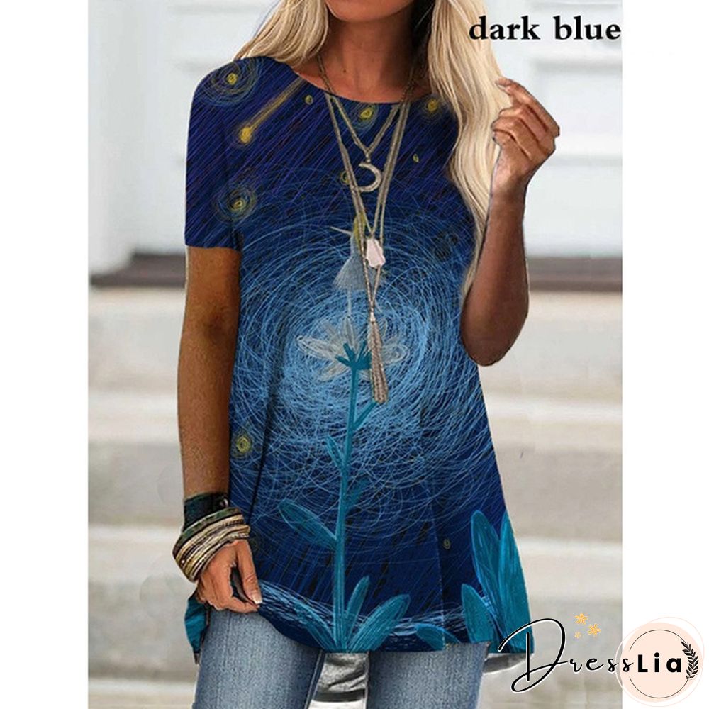 Women Fashion Floral Graphic Printed Short Sleeve Casual Tunic Loose Plus Size O-neck Tops Blouse