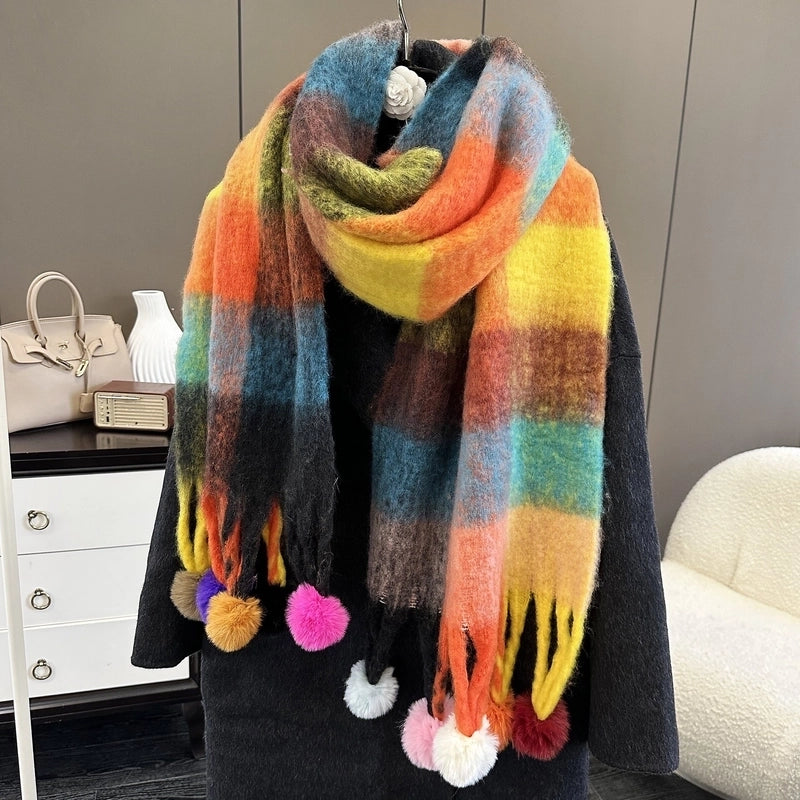 New Rainbow Stitching Dyed Plaid Scarf Women’s Winter Atmosphere Long Style Thickened Tassel Scarf