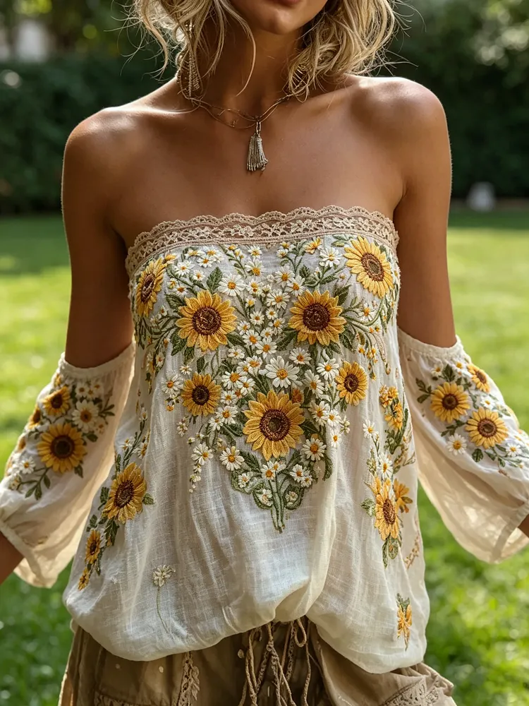 🌻 Women's Sunflower Embroidered Off-the-Shoulder Boho Blouse