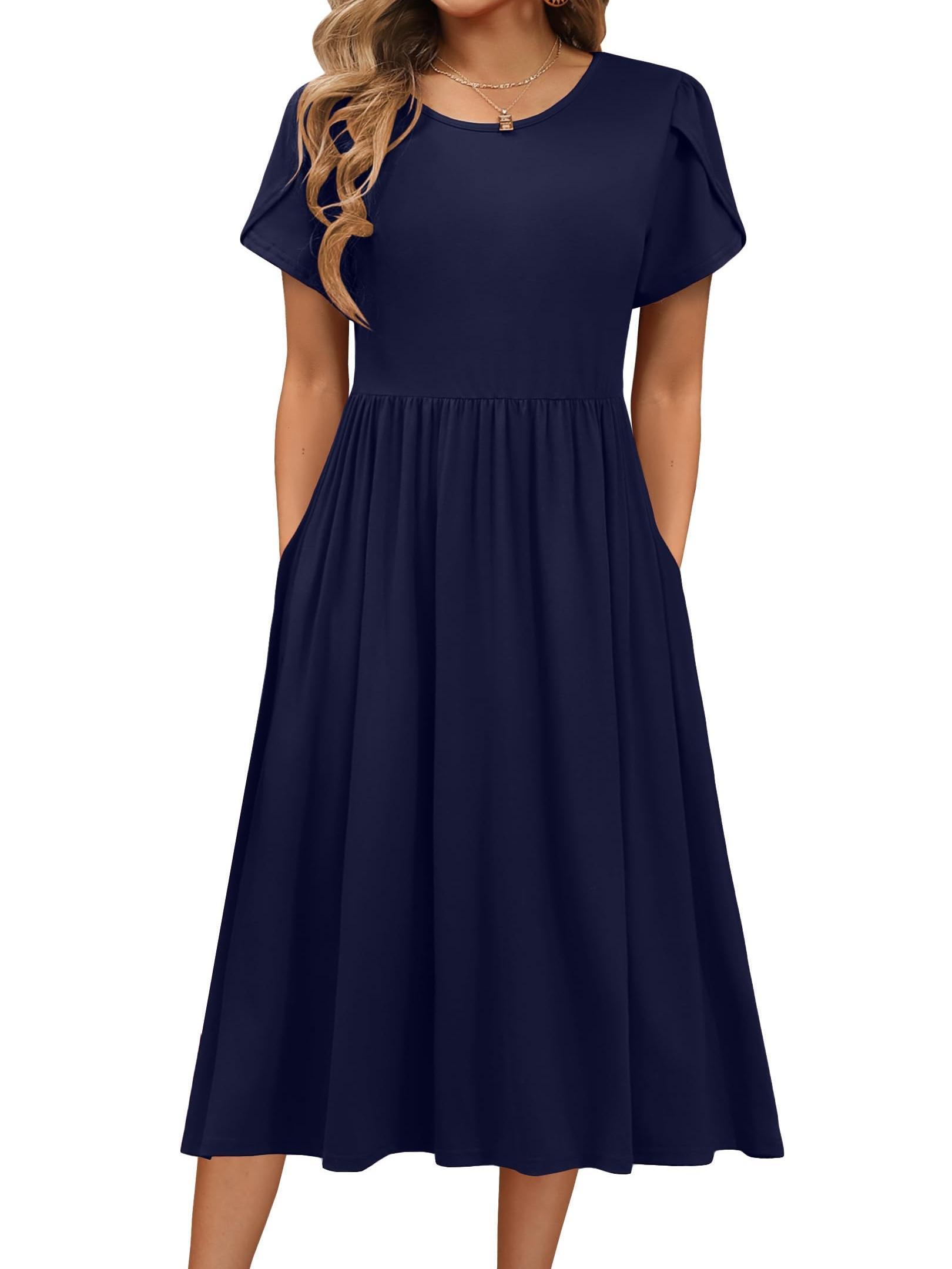 Womens Casual Short Sleeve A-Line Midi Dress with Pockets Lightweight Breathable Fabric | IFYHOME