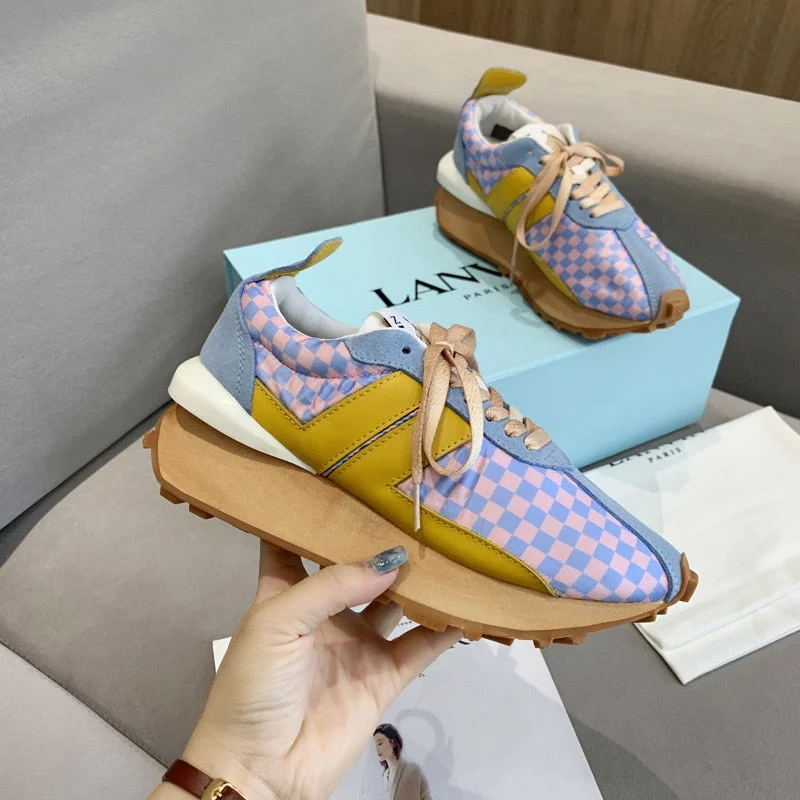 New Platform Casual Running Shoes Women Flat Mixed Color Lace Up Patchwork Sneakers Outdoor Walk Tennis Shoes Zapatillas Mujer