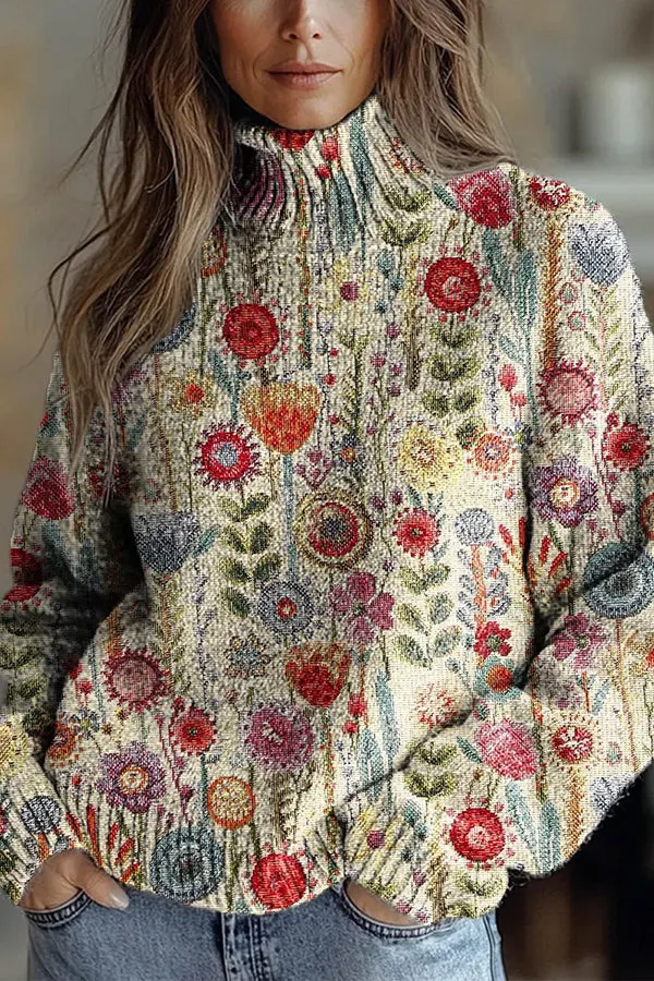 Floral Pattern High-Neck Long-Sleeved Loose Sweatshirt