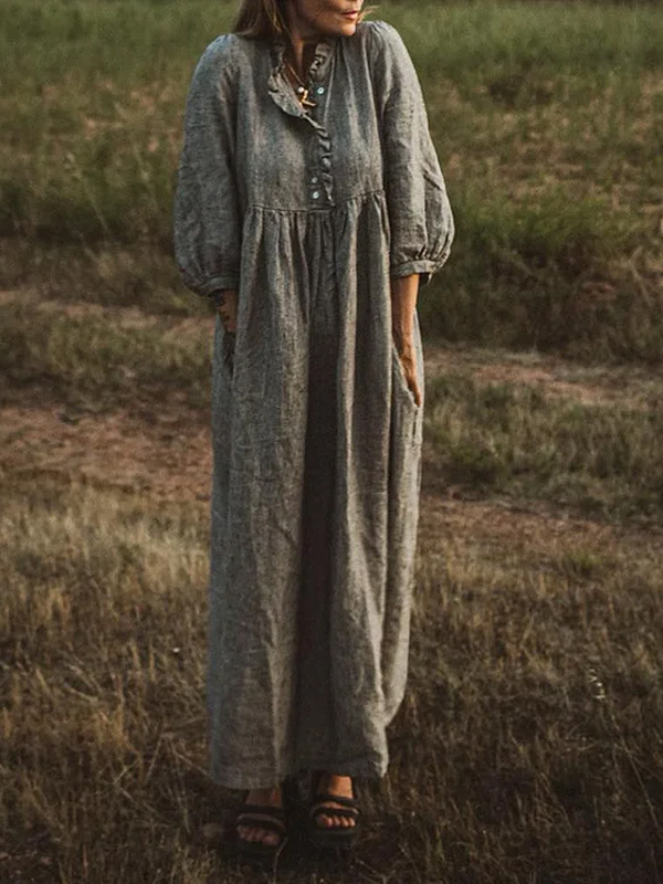 Cotton And Linen Solid Color Dress hjn Shicloths