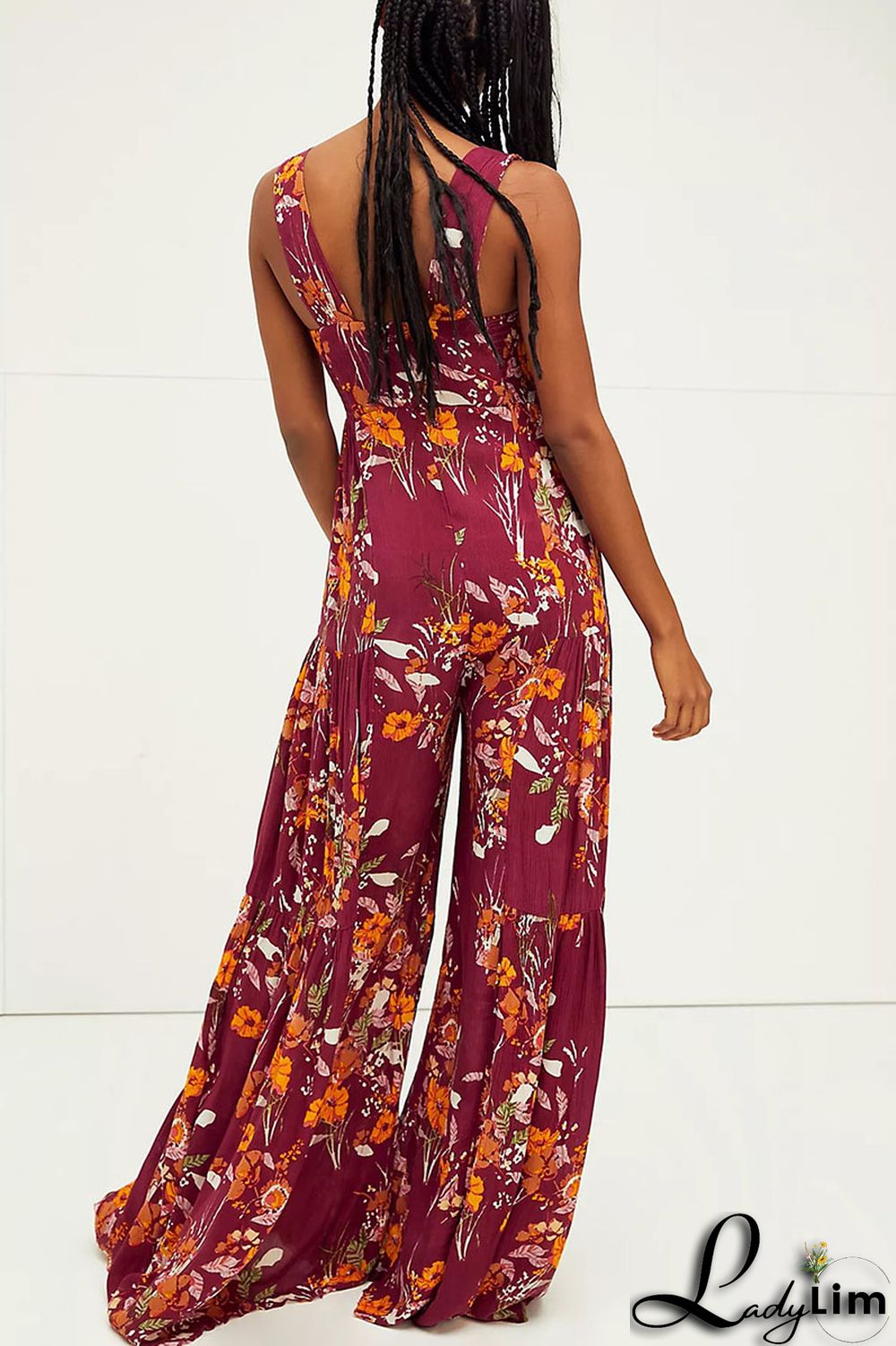 Burgundy Casual Print Split Joint Straight Jumpsuits
