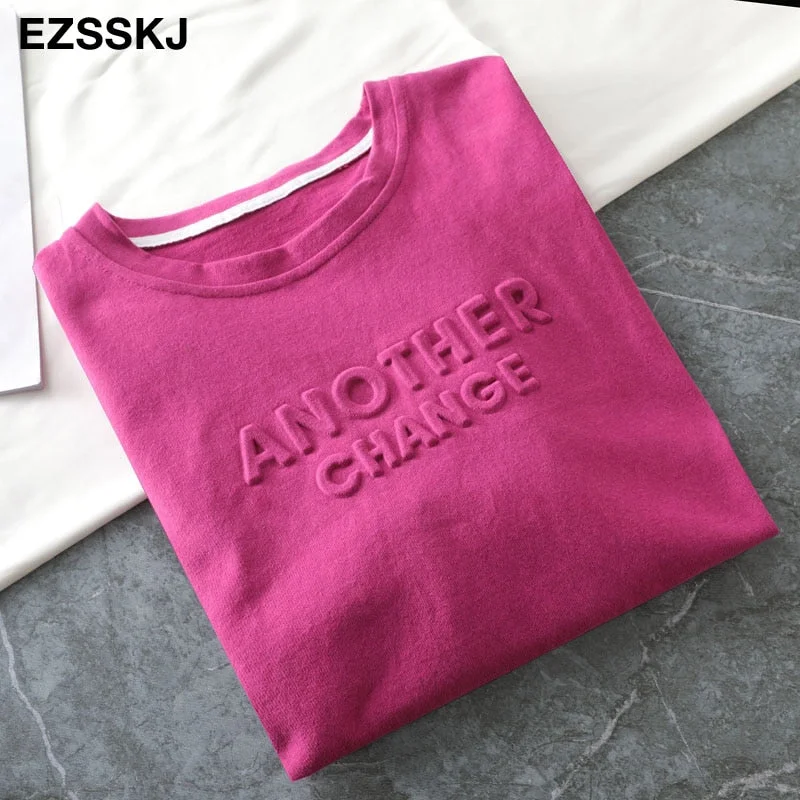 spring summer Women basic 3D Letter T-shirt Casual Loose short sleeve bottom candy color cotton T-shirt  Female Thick Tops