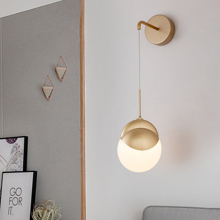1 Bulb Living Room Wall Lamp Modern Gold Sconce Light Fixture with Round Milk Glass Shade