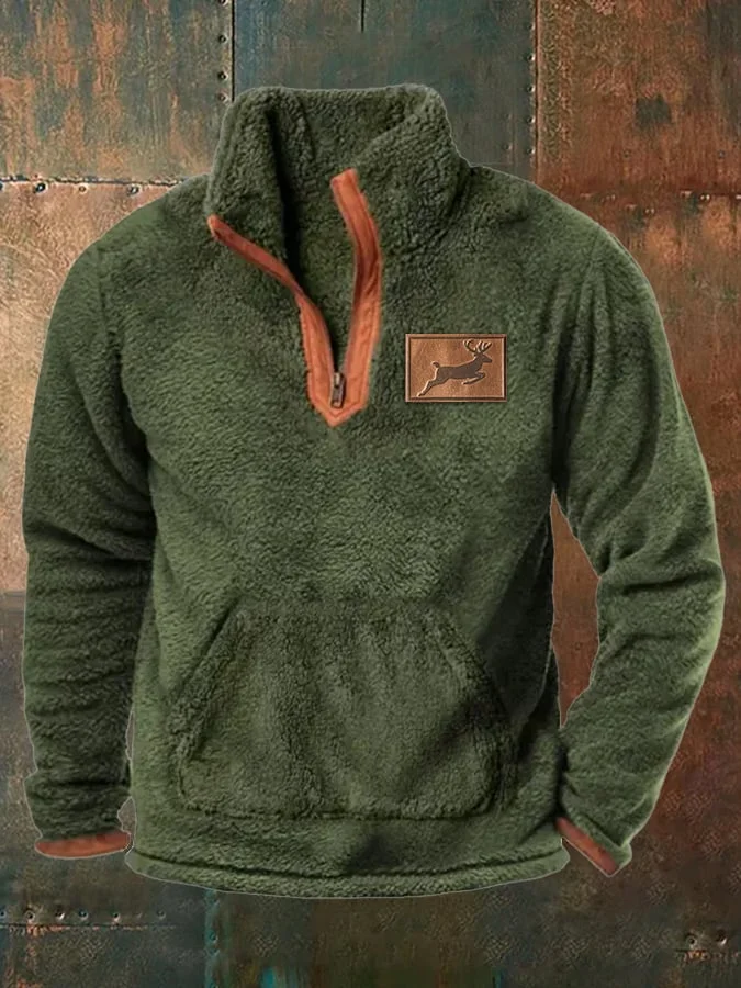 Men's Western Elk Print Lambswool Splicing Deerskin Velvet Stand Collar Zipper Sweatshirt