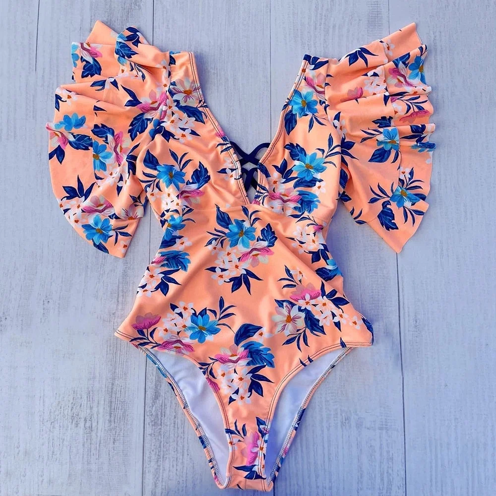 2022 New Ruffle One Piece Swimsuit Off The Shoulder Swimwear Women Deep-V Bathing Suit Bodysuit Beach Wear Swim Suit Monokini