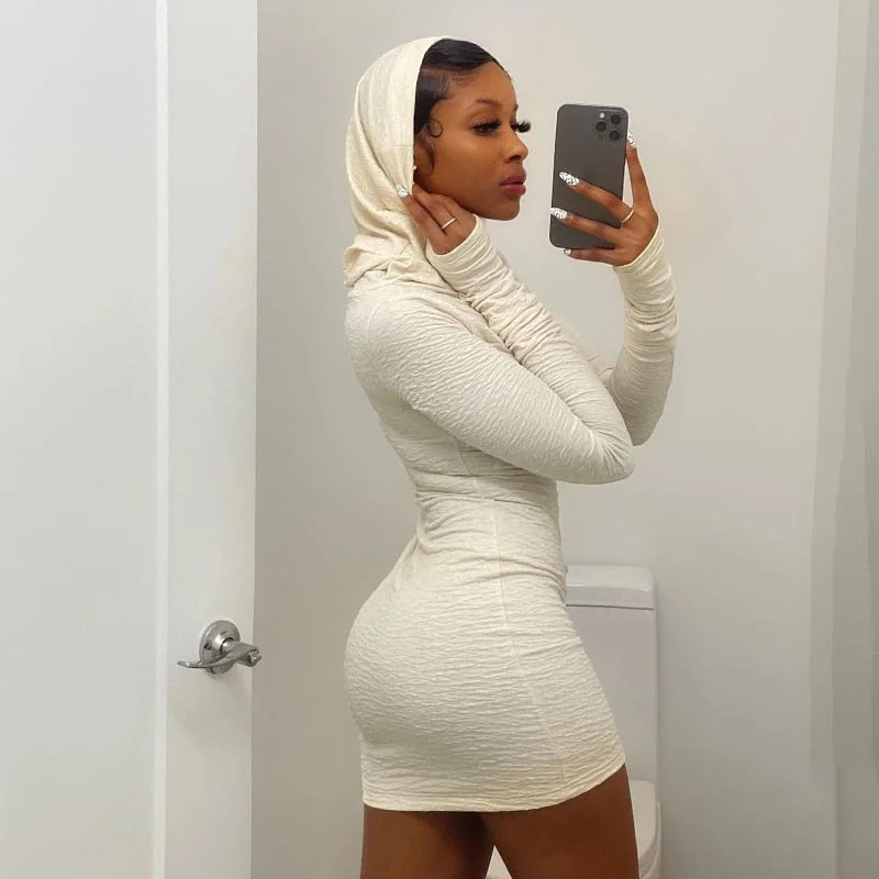 BIIKPIIK Solid Hoodied Skinny Dress Female Casual Bodycon Long Sleeve Autumn Elegant Dresses Basic Vintage 2021 Mini Clothing