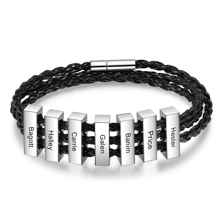 Men's Braided Leather Three-Layer Bracelet With 7 Names Engraved