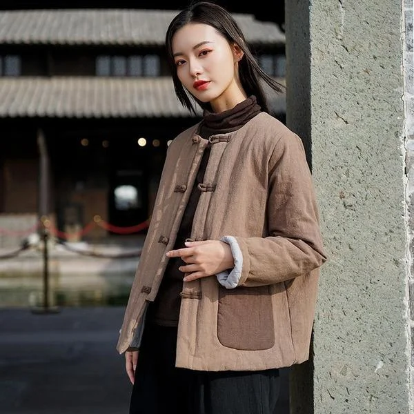 Women Cotton Linen Parkas Vintage Patchwork Color Coats