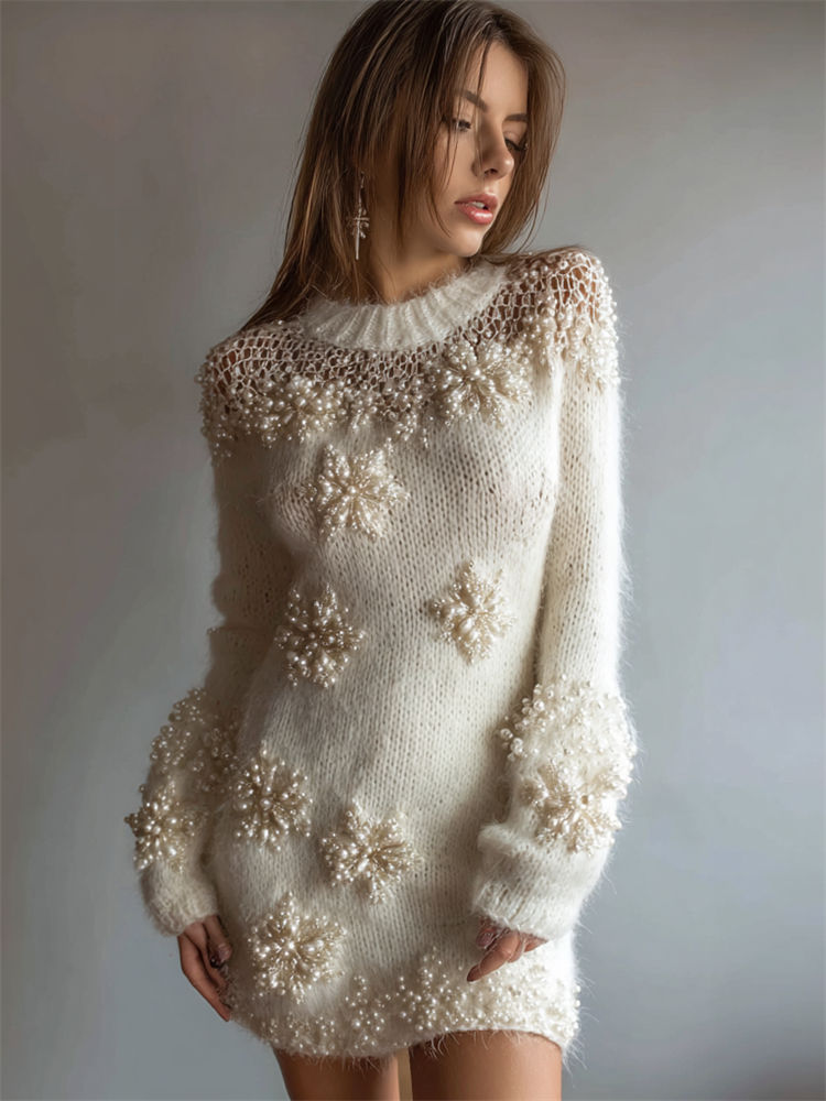 Classy Snowflakes Pearls Beaded Cozy Fuzzy Sweater Dress