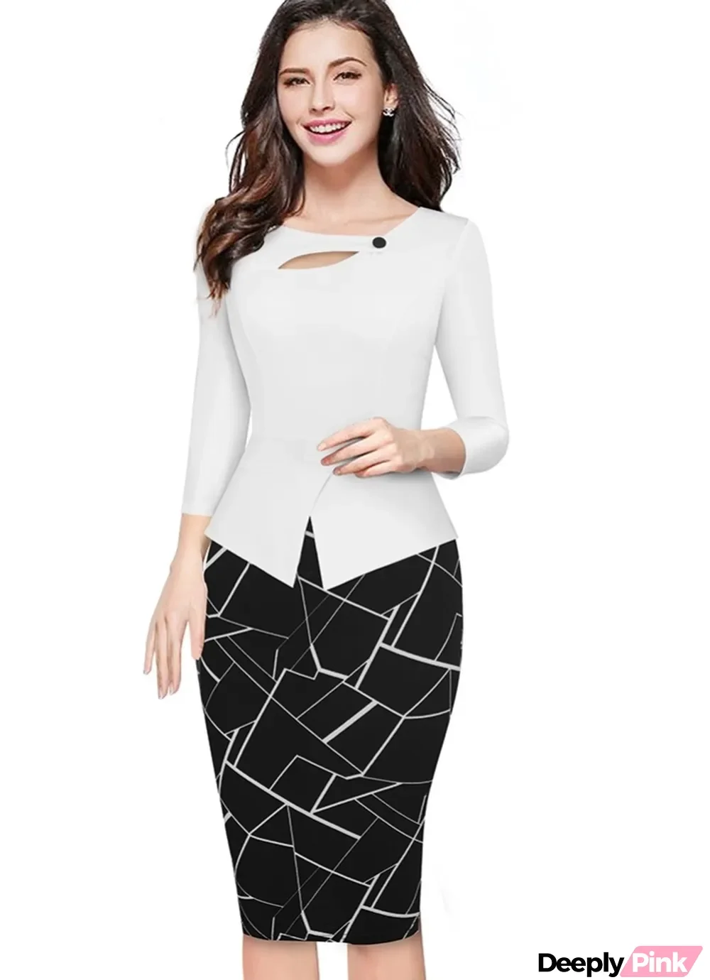Print White and Black Peplum Office Dress
