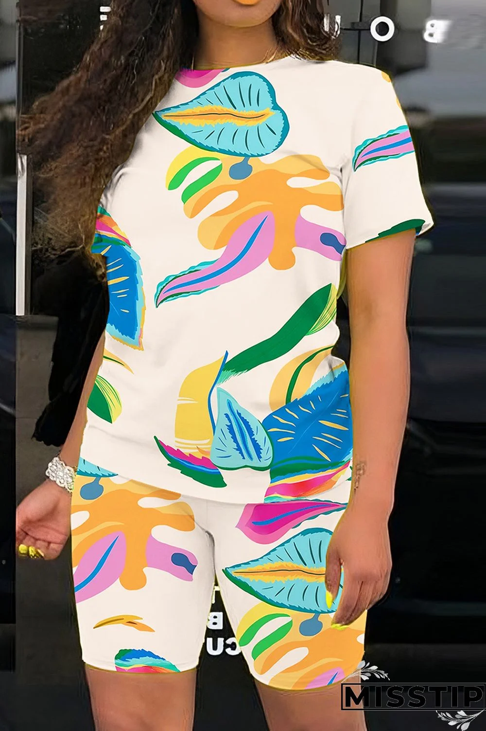 Multicolor Casual Print Basic O Neck Short Sleeve Two Pieces