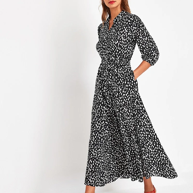 Autumn Polka Dot Chiffon Dress Women Turn-down Collar 3/4 Sleeve Belt Elegant Ladies Midi Dresses Boho Casual Long Shirt Dress