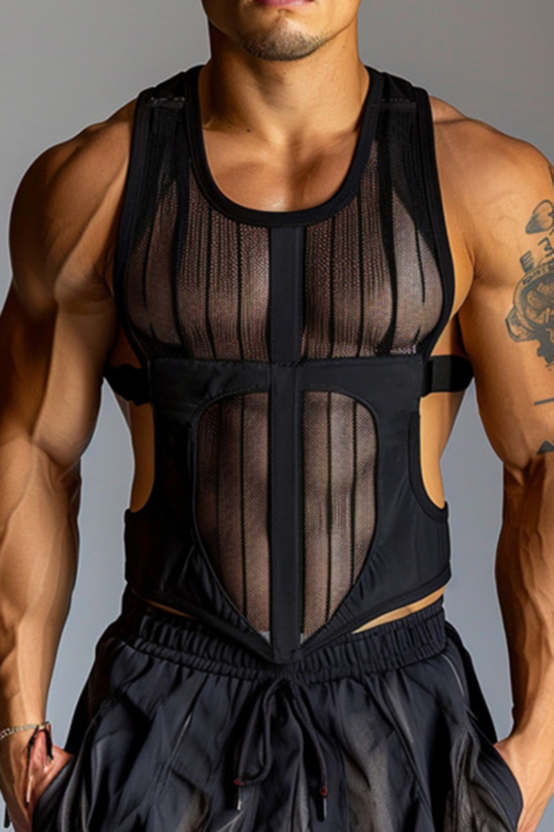 Ciciful Men's See-Through Mesh Patchwork Cut Out Tank Top