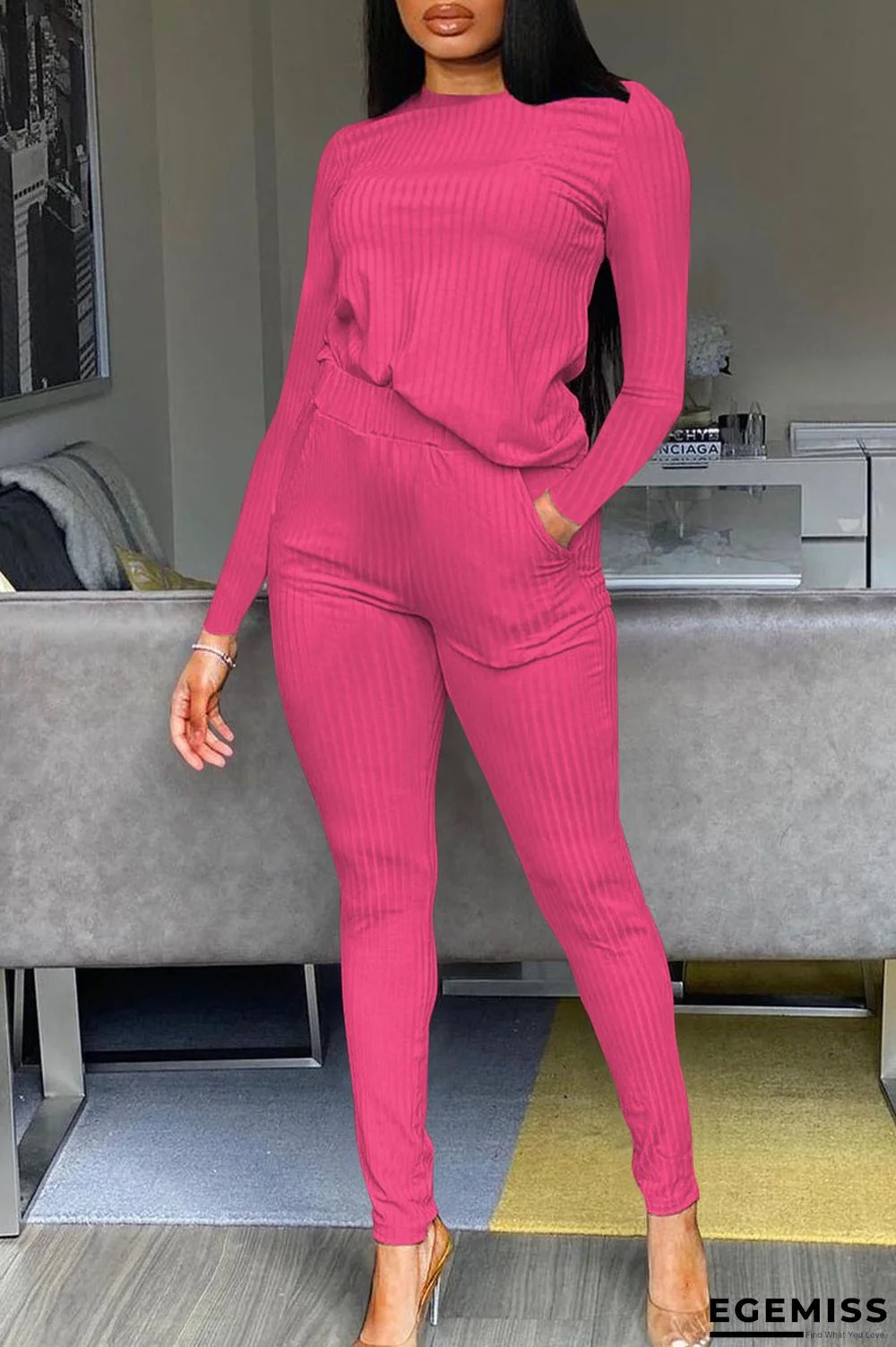 Rose Red Casual Solid Patchwork O Neck Long Sleeve Two Pieces | EGEMISS