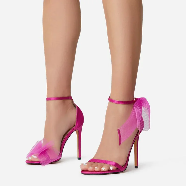 Fuchsia Satin Front Strap Bow Heels for Parties Vdcoo