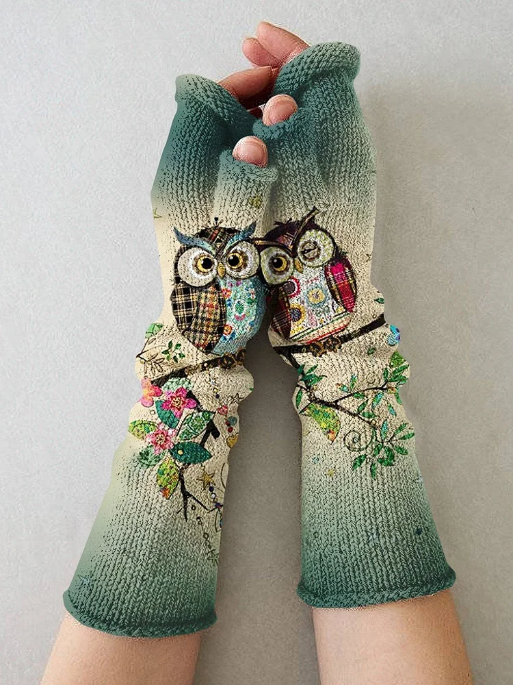 Women's Owl Art Printing Fingerless Gloves