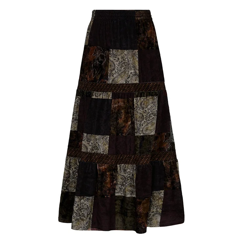 Billlnai 2023 Graduation party  Vintage Long Skirt Women Patchwork Boho Grunge Elegant Printed Lolita Brown Pleated Retro Skirts High Waist y2k Holiday Clothes