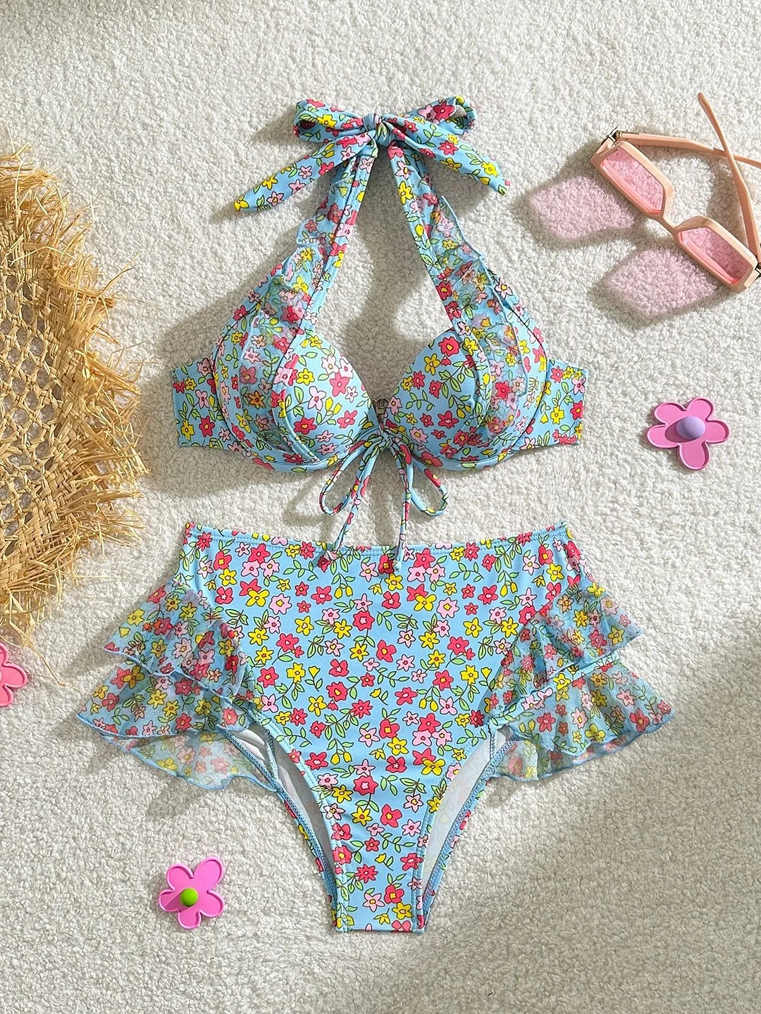 Brownm 2024 New Small Fresh Print High-Waisted Fly-Side Swimsuit Bikini Bikini