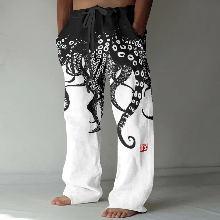 Vintage Japanese Art Octopus Legs Print Casual Linen Blend Pants