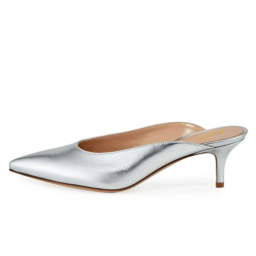 Silver Metallic Finish Pointed Toe Mules Shoes with Stiletto Heels