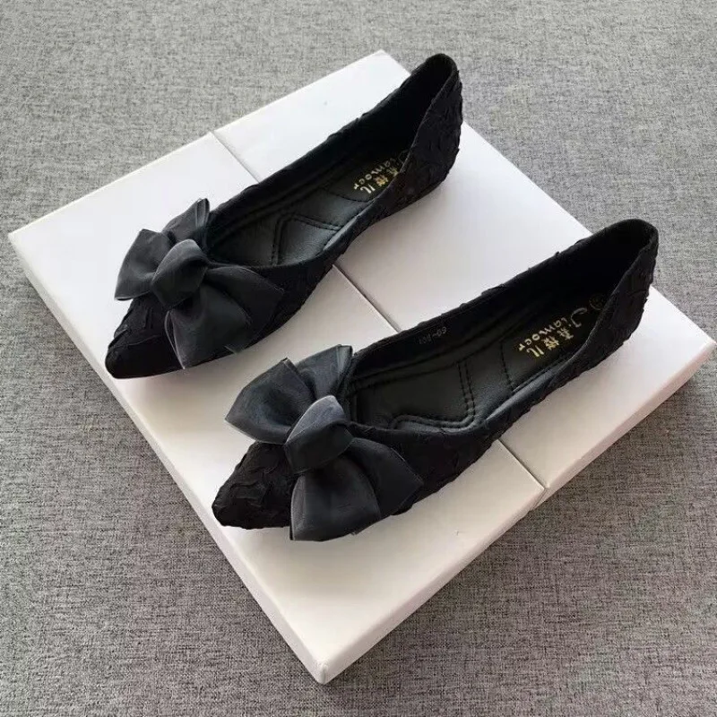 Pengamezz fall outfits Women's Shoes Fairywoman's Evening Wind Soft Shoes Dress Flat Bottom Bow 41 Pointed Toe Single 42 Shoes