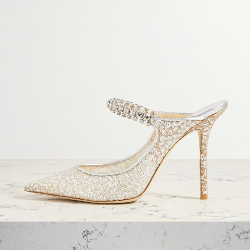 Champagne Pointed Toe Rhinestone Strap Mule Wedding Heels