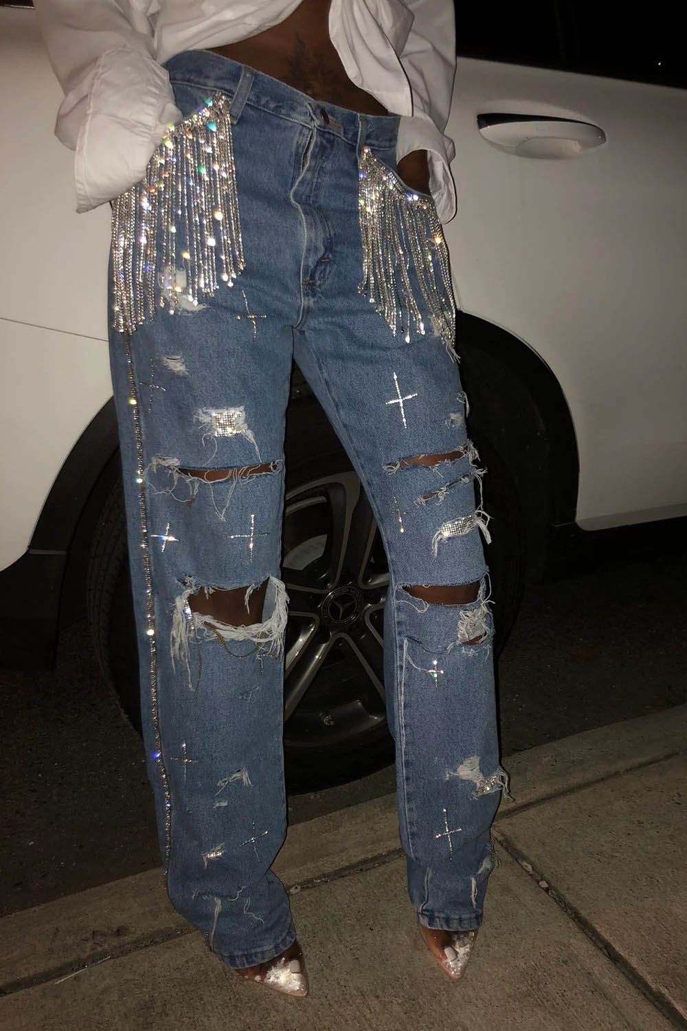 Plus Size Casual Jean Blue Denim Cut Out Shiny Tassel Fringe Jean