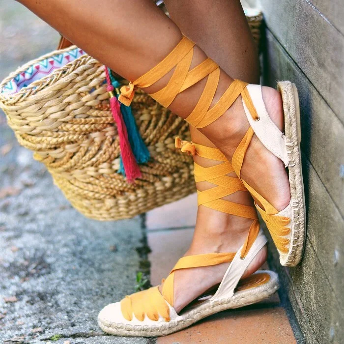 Mustard Canvas Strappy Sandals Comfortable Flats |FSJ Shoes