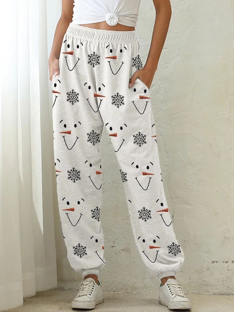 Wearshes Snowman Faces & Snowflakes Embroidery Pattern Cozy Sweatpants