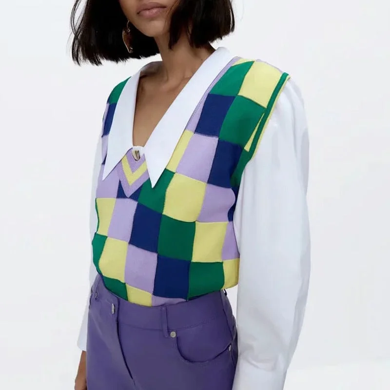 Green Women's Vest Sweater V-neck Sleeveless Sweater Vest Vintage Plaid Female Knitted Vests Argyle Pullover Knitted Tops Autumn