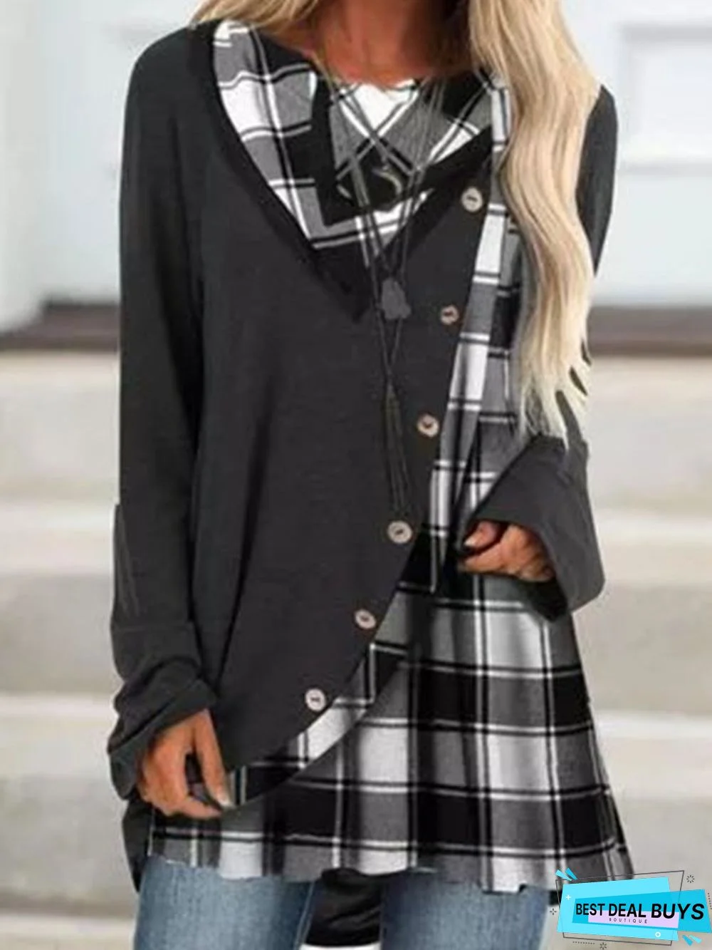 Checked/Plaid Patchwork Casual Crew Neck Tunic T-Shirt