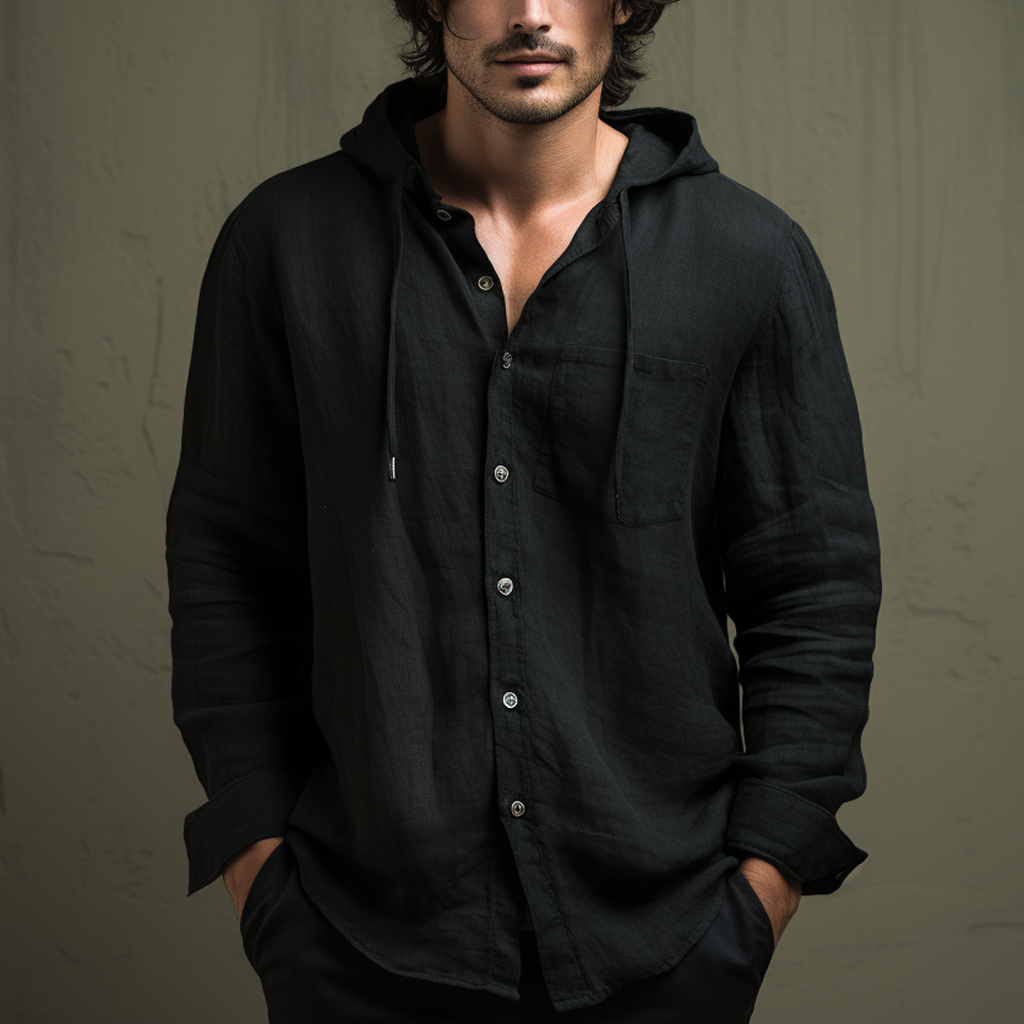Men's Vacation Style Plain Linen Simple Casual Bohemian Button Hooded Top-inspireuse